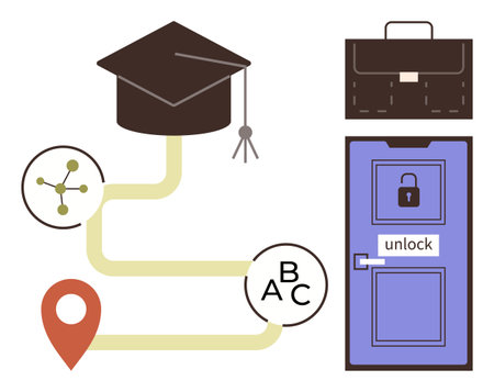 Graduation cap, nodes, map pin, briefcase, and locked door illustrating education as the key to unlocking career opportunities. Ideal for learning, growth, goal-setting, success motivation careerのイラスト素材