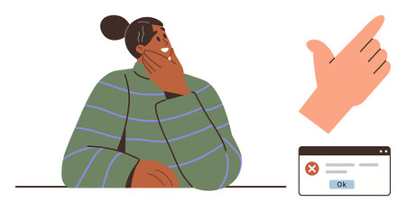 Thoughtful person in striped sweater resting chin on hand, next to dismissive hand gesture and error...