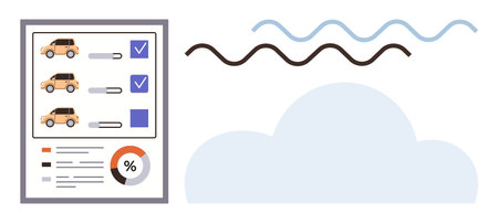 Car selection checklist with vehicles, checkmarks, sliders, and pie chart amid abstract waves and cloud. Ideal for planning, comparison, analytics, transportation, choices minimalism simple flatのイラスト素材