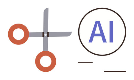 Scissors cutting horizontal lines near AI typography in circle, symbolizing editing, control, and decision-making. Ideal for technology, creation, design, innovation, data management automationのイラスト素材
