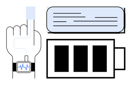 Hand wearing smartwatch reading pulse sensor, data representation in analytics panel, and battery icon for energy tracking. Ideal for health tech, wellness tracking, innovation, IoT, medical devicesのイラスト素材