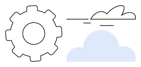 Gear with solid and outlined edges paired with two clouds. Ideal for technology, innovation, connection, cloud computing, engineering, software development, simple flat metaphorのイラスト素材