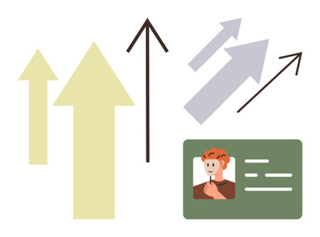 Upward-pointing arrows symbolize progress and growth, accompanied by a profile card with a person s portrait. Ideal for personal development, success strategy, career planning, analytics, goalsのイラスト素材