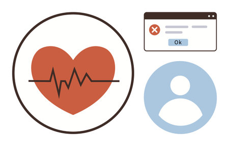 Red heart with a heartbeat line, a warning browser pop-up, and a person icon. Ideal for healthcare,...