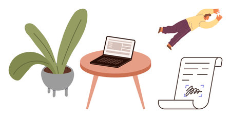 Laptop on table, large indoor plant, signed document, person leaping energetically. Ideal for work-life balance, digital tools, productivity, remote work, signing creativity simple flat metaphorのイラスト素材