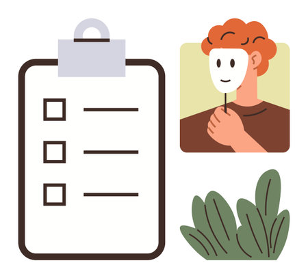 Clipboard with checklist, person holding a mask symbolizing identity, and foliage element. Ideal for personal growth, psychology, identity, self-assessment, decision-making, introspection awarenessのイラスト素材