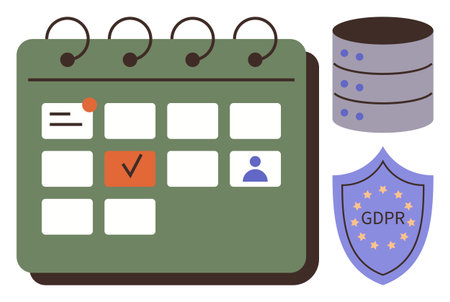 Green calendar with marked dates, database symbol, GDPR compliance shield. Ideal for data protection, privacy regulation, legal compliance, scheduling, technology ethics, secure planningのイラスト素材