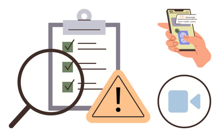 Magnifying glass over checklist, warning sign, hand holding smartphone with QR code, and camera icon. Ideal for security, verification, productivity, communication, risk management authenticationのイラスト素材