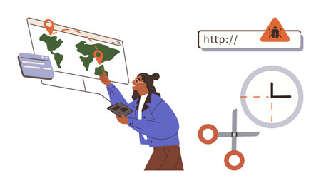 Woman interacting with map and pinpointing locations via tablet, accompanied by bug warning, scissors, and clock symbols. Ideal for technology, research, logistics, software, analysis cybersecurityのイラスト素材