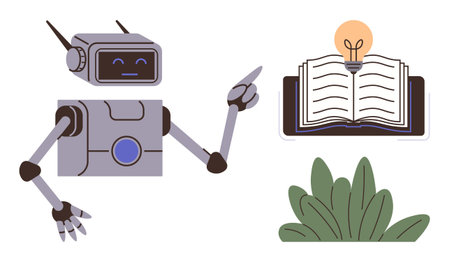 Robot gestures toward open book with glowing lightbulb, symbolizing education, technology, innovation, learning, AI, creativity, growth. Ideal for education AI learning tech development simpleのイラスト素材