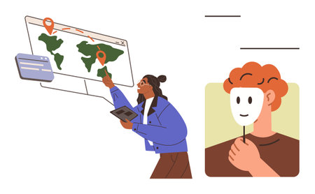 Woman uses tablet and points at map with geographic markers and person holds happy mask. Ideal for data analysis, global communication, identity, emotion, exploration, tech, simple flat metaphorのイラスト素材