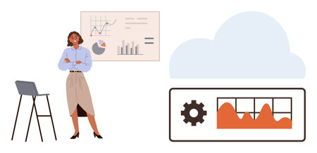 Professional standing with crossed arms near data presentation charts, a cloud icon, and a mechanical gear with graphs. Ideal for data analysis, technology, cloud computing, business strategyのイラスト素材