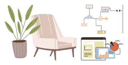 Cozy chair and plant next to digital workflow visualization of processes, analytics, and progress. Ideal for productivity, comfort, remote work, business, planning, technology simple flat metaphorのイラスト素材
