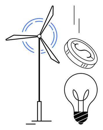 Wind turbine spinning, coin signifying financial benefits, light bulb for eco-innovation. Ideal for renewable energy, green technology, environmental awareness, clean energy, eco economy, innovationのイラスト素材