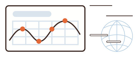 Trend line graph with data points on a chart grid, globe icon representing global analytics. Ideal for statistics, business growth, global strategy, data analysis, reporting, finance, simple flatのイラスト素材