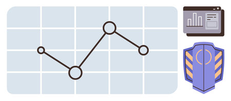 Line graph analytics on grid background, browser window with chart, security shield emblem. Ideal for data analysis, cybersecurity, protection, statistics, business growth, trends simple flatのイラスト素材