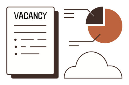 Vacancy document with bullet points, pie chart showing data insights, connecting lines, and cloud element. Ideal for hiring, data evaluation, cloud use, job search, analytics networking digitalのイラスト素材