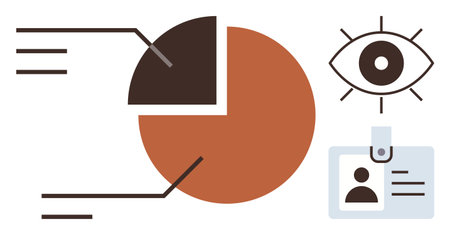 Brown pie chart with segmented part, eye diagram symbolizing observation, ID badge for identity. Ideal for data analytics, insights, security, identity, research monitoring visualization. Simpleのイラスト素材