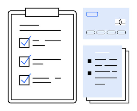 Checklist with blue checkmarks on clipboard, credit card, and documents symbolizing task tracking, finance, or data organization. Ideal for planning, productivity, management, finance educationのイラスト素材