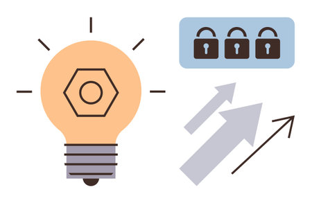 Lightbulb for ideas, three locked icons for security, and upward arrows for growth and progress. Ideal for innovation, creativity, security, growth, success problem-solving technology. Simple flatのイラスト素材