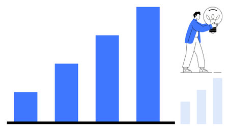 Blue bar chart increasing in height paired with a person holding a glowing light bulb. Ideal for business, innovation, progress, growth, strategy, planning, and success concepts. A simple flatのイラスト素材