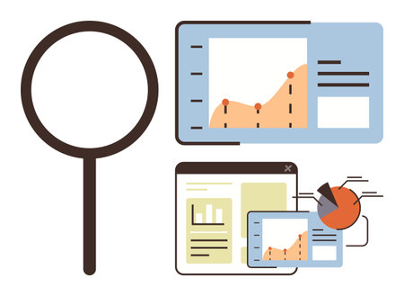 Magnifying glass examining data charts, graphs, and dashboards. Ideal for analytics, research, reporting, business strategy, market trends data visualization problem-solving. Simple flat metaphorのイラスト素材