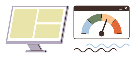 Computer monitor displaying a structured layout alongside speedometer gauge for performance metrics. Ideal for data visualization, business analytics, technology, productivity, growth, monitoringのイラスト素材