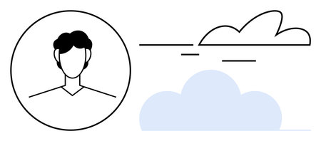 Minimalist headshot inside a circle beside streamlined blue and white clouds with motion lines....
