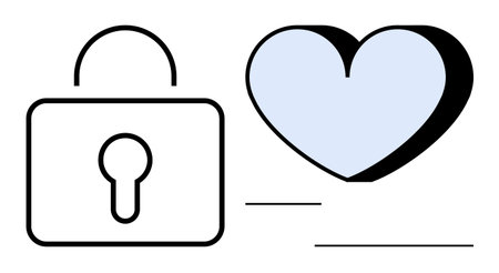 Closed lock beside a heart representing protection, trust, and care. Ideal for security, privacy, love, connection, commitment safety self-care themes. Minimal and simple flat metaphorのイラスト素材
