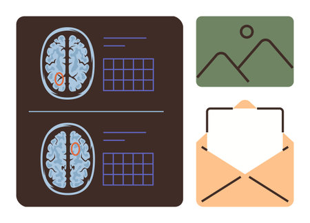 Brain scan images with highlighted regions and grids, envelope with letter, framed image. Ideal for neuroscience, diagnostics, communication, data sharing, research visual messaging. Simple flatのイラスト素材