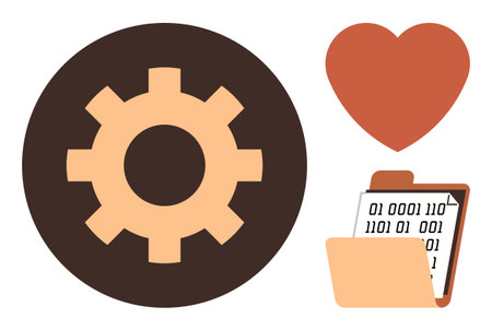 Gear symbol for innovation, heart for humanity, and clipboard with binary code in folder for digital data. Ideal for themes of technology, teamwork, innovation, healthcare, digital creativity, dataのイラスト素材