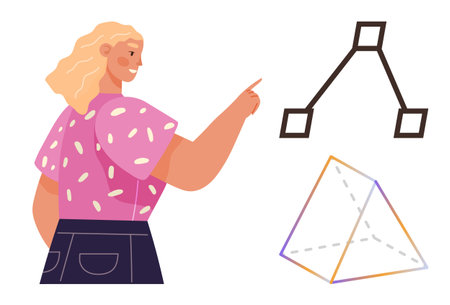 Woman pointing at geometric diagram and pyramid shape, engaging with abstract mathematics. Ideal for...