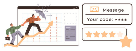 Two people climbing an upward arrow with an umbrella for protection, emphasizing teamwork, security codes, messaging, and ratings. Ideal for business, growth, trust, collaboration securityのイラスト素材