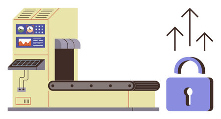 Automated machine with conveyor belt and operational panel, purple lock symbol denoting security,...