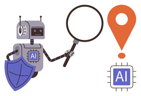 Robot labeled AI holding magnifying glass and shield near orange map pointer and microchip. Ideal for AI, cybersecurity, tech search, data protection, automation, innovation, analysis. Simple flatのイラスト素材