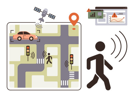 Urban map with vehicles, pedestrians at intersections, traffic lights, and satellite signal. Connected data interfaces and real-time alerts. Ideal for safety, smart cities, IoT, automationのイラスト素材