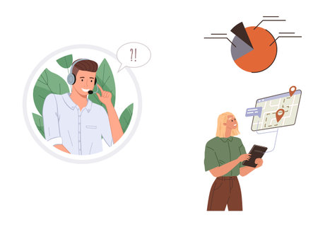 Customer service agent in headset with speech bubble and pie chart alongside a woman exploring navigation on a tablet with location pin. Ideal for teamwork, technology, remote assistance, customerのイラスト素材