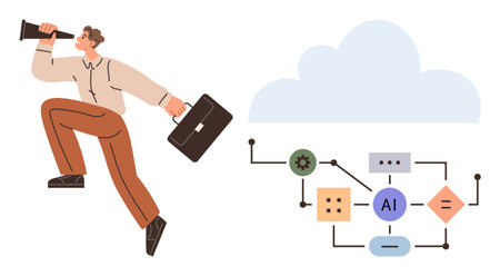 Man holding briefcase and telescope, observing AI-related process diagrams linked to cloud computing. Ideal for technology, data analysis, business strategy, AI workflow, cloud innovationのイラスト素材