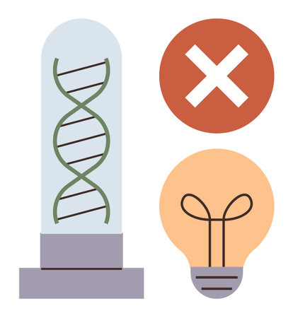DNA strand in a protective glass tube with a lightbulb symbolizing innovation, and a red cross denoting prohibition or caution. Ideal for biotechnology, medical ethics, innovation, science, researchのイラスト素材