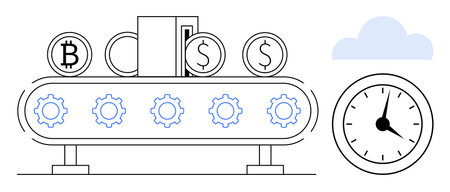 Conveyor belt with gears moving cryptocurrency and dollar coins. Clock and cloud emphasize efficiency, automation, and time. Ideal for finance, technology, productivity, investment, blockchainのイラスト素材