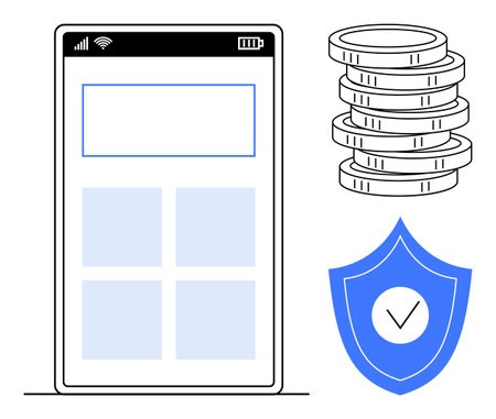 Smartphone interface next to coin stacks and shield with checkmark symbolizes digital payment, money management, and cybersecurity. Ideal for fintech, banking, security, e-commerce, finance, digitalのイラスト素材