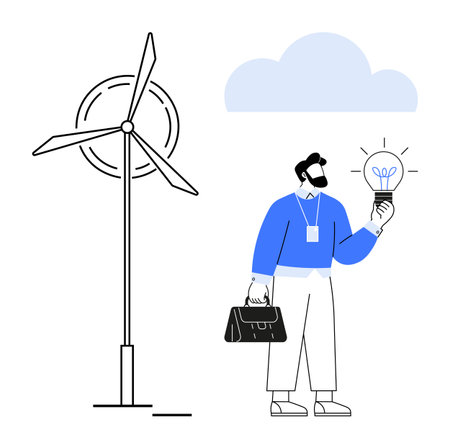 Person holding glowing lightbulb near wind turbine and cloud, emphasizing renewable energy. Ideal for sustainability, clean energy, innovation, eco-awareness, green business, technology, and natureのイラスト素材