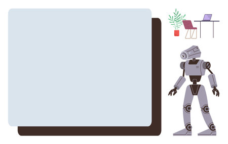 Humanoid robot standing near desk setup with laptop, chairs, and potted plant. Ideal for robotics, AI, technology, innovation, future work IT solutions efficient systems. Simple flat metaphorのイラスト素材