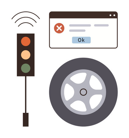 Traffic stoplight with wireless signal, error message in a web browser, and car wheel. Ideal for concepts thumbs up transportation, caution, digital error, technology, auto industry, safety simpleのイラスト素材