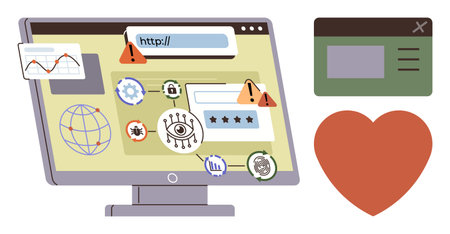 Computer monitor displaying cybersecurity threats with warning signs, global network icon, key, padlock, privacy, and data analysis. Ideal for IT security, internet safety, cyber threats onlineのイラスト素材