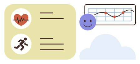 Heartbeat graphic, runner icon, smiling face, line chart, and cloud. Ideal for health monitoring,...