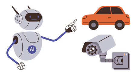 Humanoid AI robot gesturing towards a surveillance camera and an orange car, representing technology, automation, and monitoring advancements. Ideal for AI, robotics, automation, securityのイラスト素材
