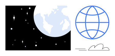 Earth in space with stars and a minimalist blue globe next to a cloud. Ideal for astronomy, global communication, exploration, connectivity, geography, science, digital concepts. Simple flat metaphorのイラスト素材