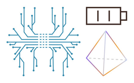 Circuit board pattern, low battery icon, and prism shape. Ideal for technology, connectivity,...