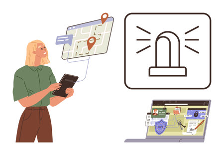 Woman interacts with tablet and map, location pins, alert icon, laptop displaying security alerts. Ideal for navigation, safety, smart tech, cybersecurity tracking monitoring innovation. Simpleのイラスト素材